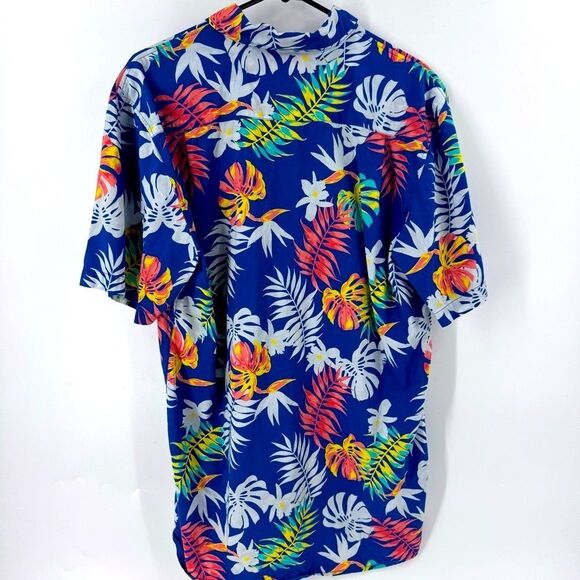 Tipsy Elves Blue and White Casual Button Down Shirt with Tropical Print - Picture 3 of 7